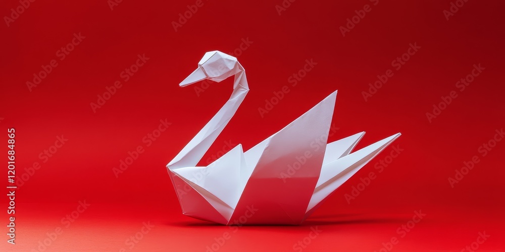 Poster Elegant origami swan displayed against a vibrant red background, showcasing the intricate artistry of origami. This origami swan captures attention with its striking design and color contrast.