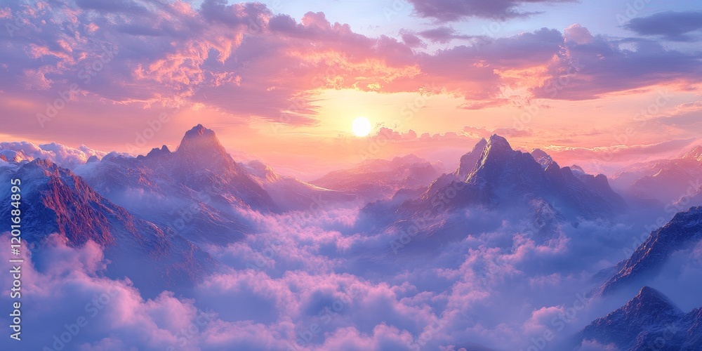 Aufkleber sunrise showcasing cirrocumulus clouds above majestic mountains emerging from a blanket of mist, cre