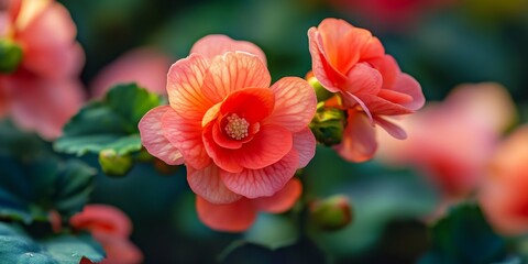Obraz premium Vibrant wax begonia in bloom, known scientifically as Begonia semperflorens Trophee Rouge, showcases its stunning colors. This wax begonia variety, Trophee Rouge, is perfect for enhancing any garden.