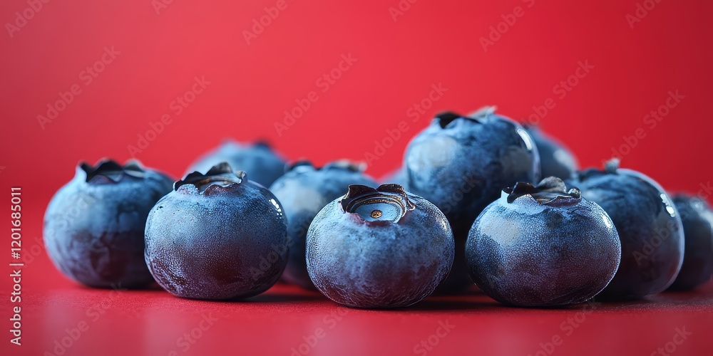 Poster fresh blueberries are isolated on a vibrant red background for a striking closeup. this captivating 