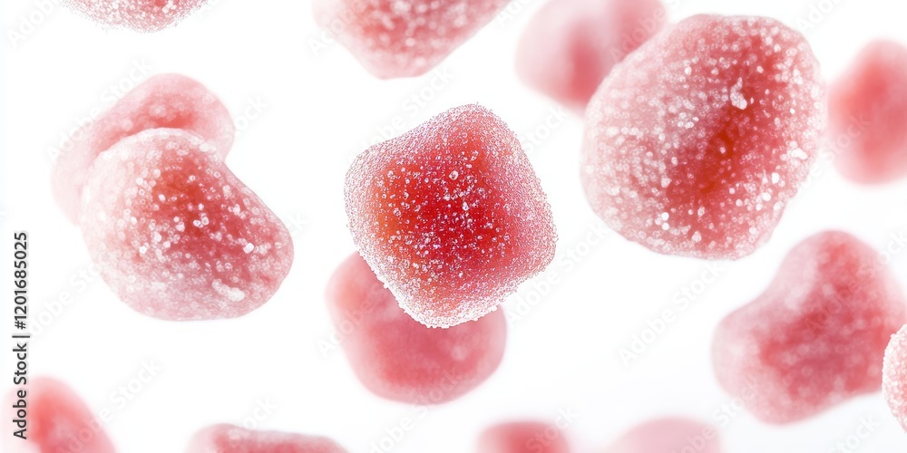 Poster flying pink slime gummies are captured against a white backdrop, showcasing various angles. this stu