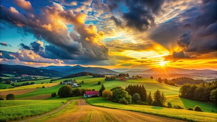 Fototapeta premium Rustic charm bathed in golden light; a breathtaking mountain sunset's embrace.