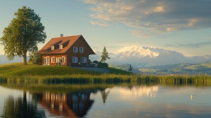 Fototapeta premium Lakeside chalet with mountain view at sunset.