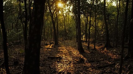 Fototapeta premium Sun rays through dense forest trees.