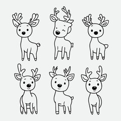 Set Of Cute Reindeer line art isolated on white Background, Vector illustration Design.