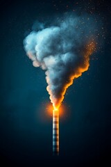 Obraz premium Aerial view of a factory chimney emitting dark smoke at night, highlighting industrial pollution and environmental concerns in an urban landscape.