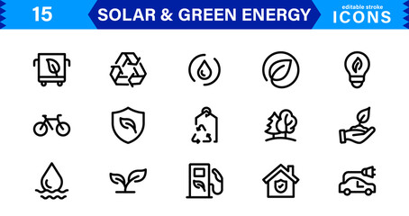 Solar and Green Energy Icon Set. Eco-Friendly Illustrations for Renewable Power, Solar Panels, and Sustainability Solutions