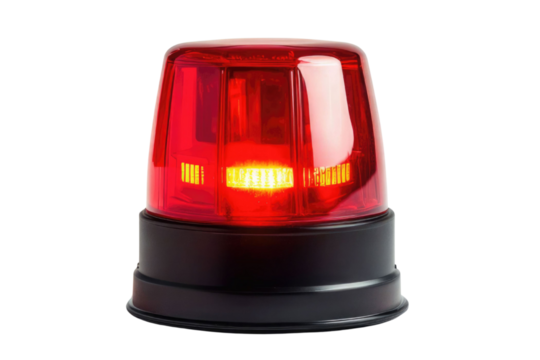 Red siren emergency warning light with black base that are currently on with white background PNG