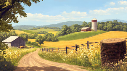 A serene rural landscape with fields, a barn, and a silo under a clear blue sky