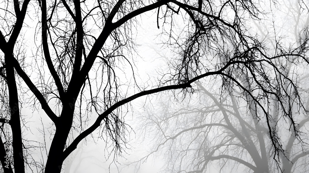 Poster silhouetted trees in fog create a moody, atmospheric scene