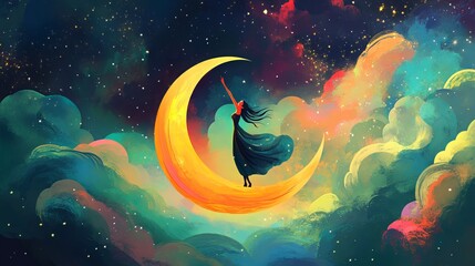 Naklejka premium Conceptual graphic design featuring a woman balancing on a crescent moon, surrounded by swirling stars and vibrant colors. This design evokes a sense of harmony and imagination. 