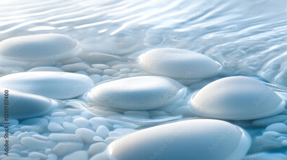 Aufkleber close up view of smooth beach pebbles with gentle waves washing over at sunrise on a serene coast. g