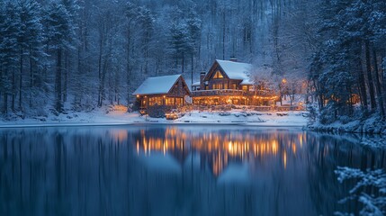 Obraz premium winter landscape with house by the river