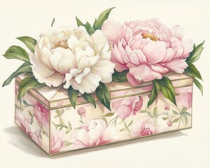 A beautiful floral box adorned with pink and white peonies, perfect for gifts.