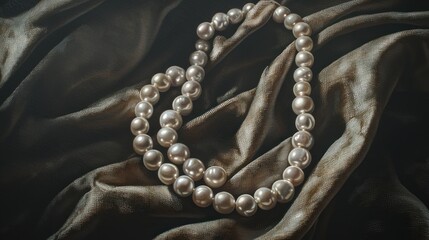 Fototapeta premium Elegant pearl necklace on dark velvet fabric.