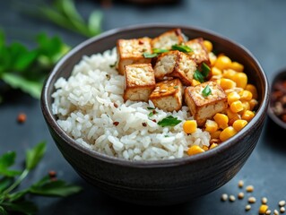 Cooked rice with tofu and sweet corn in a bowl. Steamed white rice mixed with tofu and sweet corn in a ceramic bowl. Emphasizing plant-based and colorful dish. Ideal for food blogs and vegan recipes.