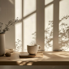 cozy and minimalistic scene with a ceramic coffee cup table and natural light 