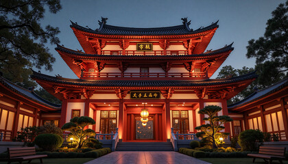 Obraz premium Traditional Asian temple illuminated at night