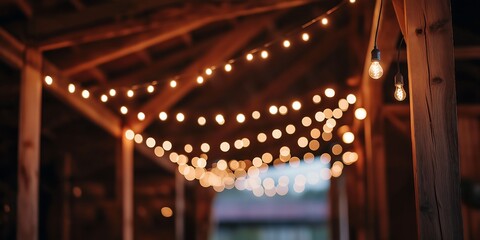 Barn Party Decoration with Warm Lights and Tables