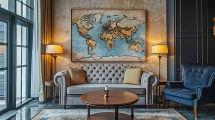 Cozy modern living room interior with sofa and armchair near table under stylish lamps with geometric wallpaper on wall. 
