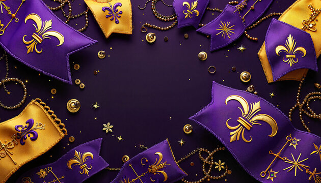 Decorative purple and gold masks with beads on dark background