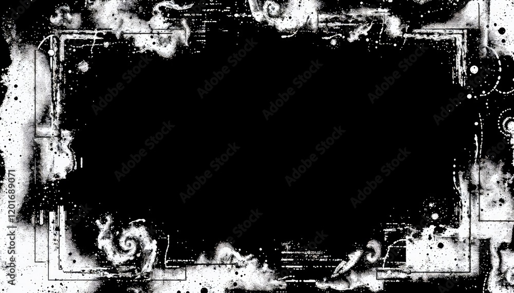 Aufkleber abstract black and white grunge frame with splatters and geometric shapes