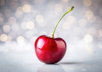 Single, vibrant cherry pops against a stark white backdrop. Minimalist stock image.