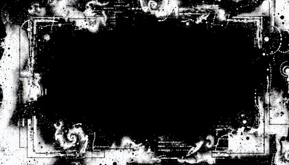 Abstract black and white grunge frame with splatters and geometric shapes