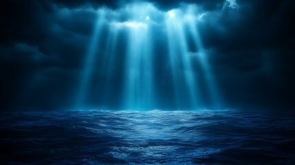 Naklejka premium Dark Ocean Scene With Light Beams Piercing Clouds