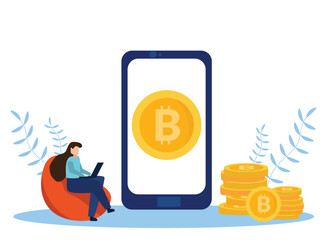 Young woman sitting with big smartphone and bitcoin cryptocurrency money and using laptop for online funding and making investments for bitcoin. Digital Money. Cryptocurrency Investment Concept.