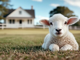 Fototapeta premium A small white lamb laying in the grass in front of a white house