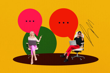 Image photo poster trend art collage image of two happy american slavic girls sit chair hold laptop messenger correspondence cloud talk
