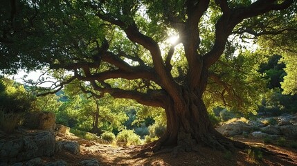 Fototapeta premium Ancient oak tree in sunlit forest, peaceful landscape, nature background, for websites or publications