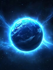 Fototapeta premium Celestial Blue Planet - A vibrant blue planet glows intensely in the dark expanse of space, surrounded by bright energy.
