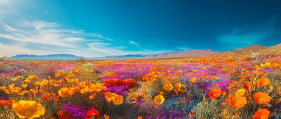 Vibrant wildflowers bloom across a vast, sunny field, mountains in the background.