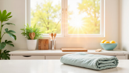 Tidy kitchen with folded dusting cloth, bright morning freshness . Great housekeeping, clean and tidy.