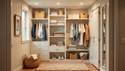 Organized closet with folded clothes and mirror reflection, minimalism . Great housekeeping, clean and tidy.
