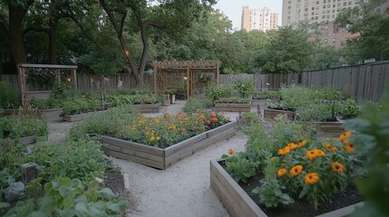 Urban garden oasis, raised beds, city backdrop, evening light, community gardening