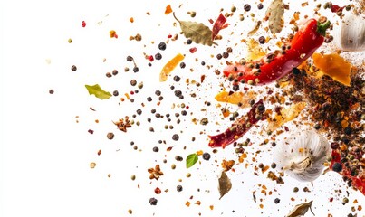 Assortment of spices levitating on white background. Spicy cooking concept.