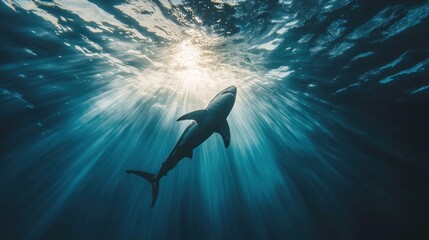 Majestic great white shark silhouetted against sunlit ocean surface.