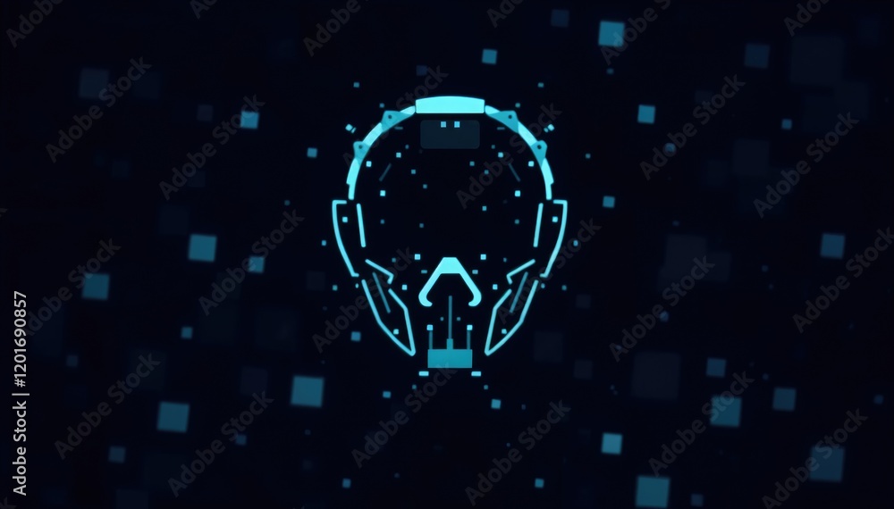 Poster Futuristic helmet design Digital art with glowing cyan lines on dark background Abstract tech concept