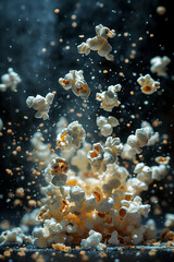 Popcorn bursts into the air creating a playful culinary spectacle. Generative AI