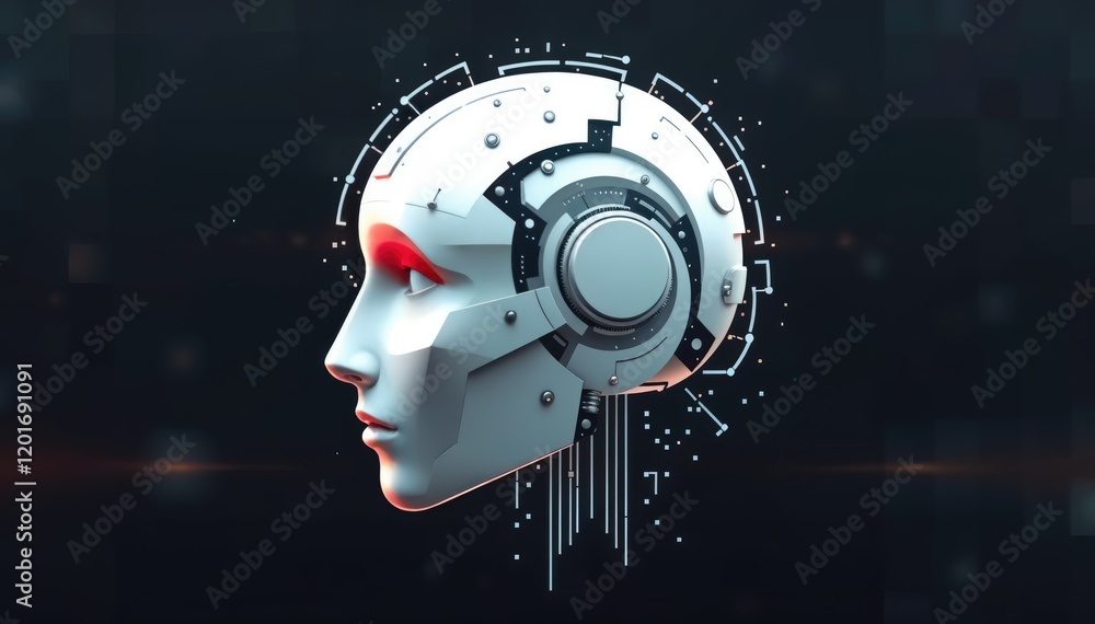 Poster Robotic head profile with technological circuitry design Futuristic AI concept