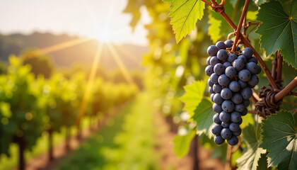 Fototapeta premium Grapes on vine with sunlight in vineyard