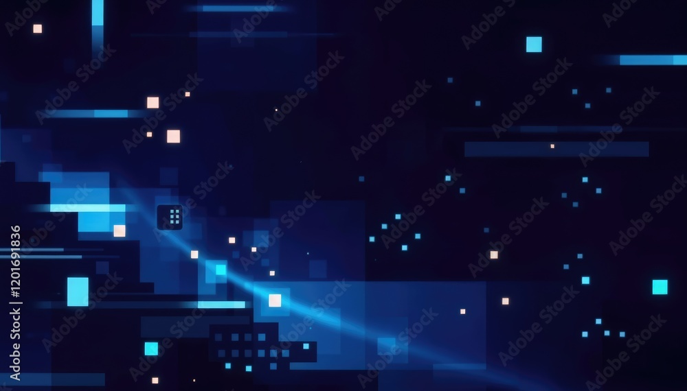 Poster abstract pixel art background with glowing blue and teal squares and lines