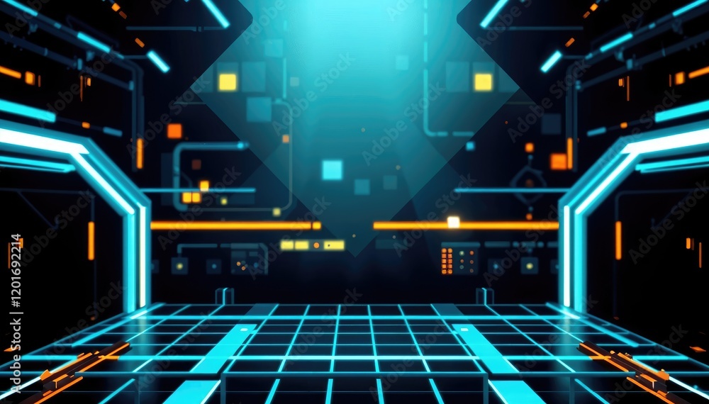 Poster futuristic digital environment glowing neon lines and grid floor tech sci fi projects