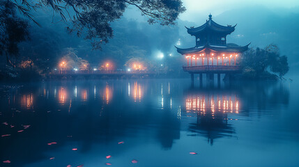 Naklejka premium Serene Japanese garden gate illuminated by lanterns during misty evening. Generative AI