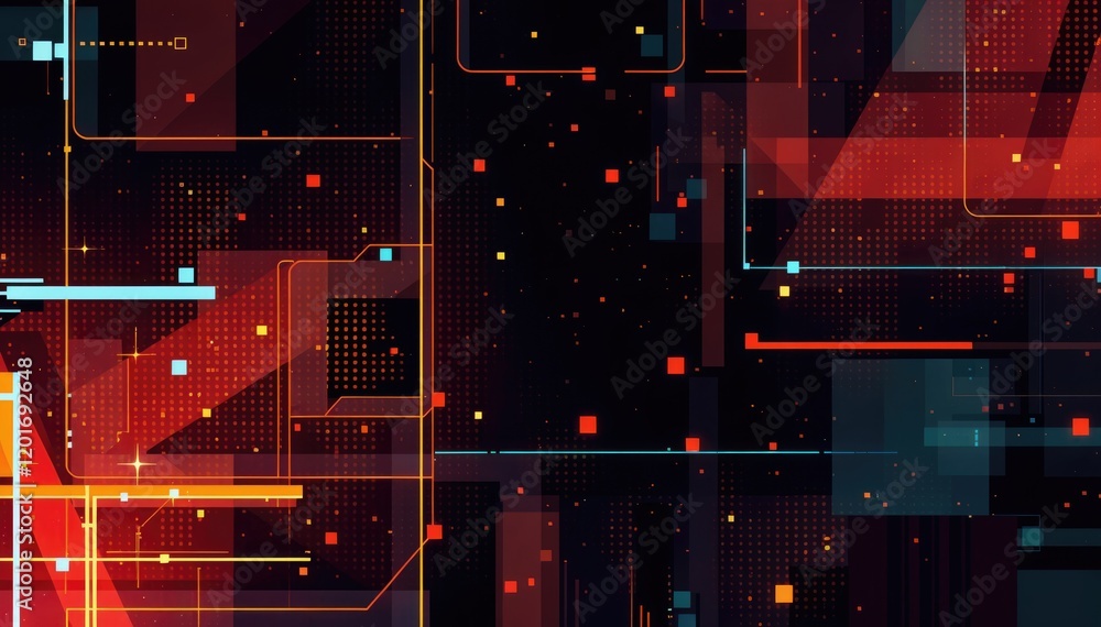 Poster abstract pixel art; vibrant geometric shapes and glowing lines on dark background