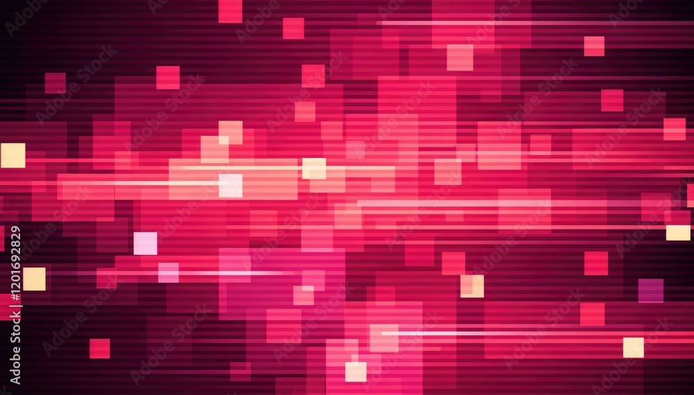 Poster abstract pixel art background with vibrant pink and red hues featuring horizontal and vertical pixel