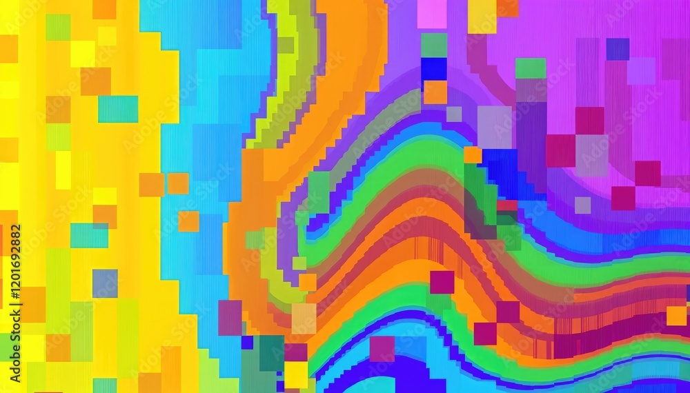 Poster vibrant abstract pixel art; colorful waves of digital pixels